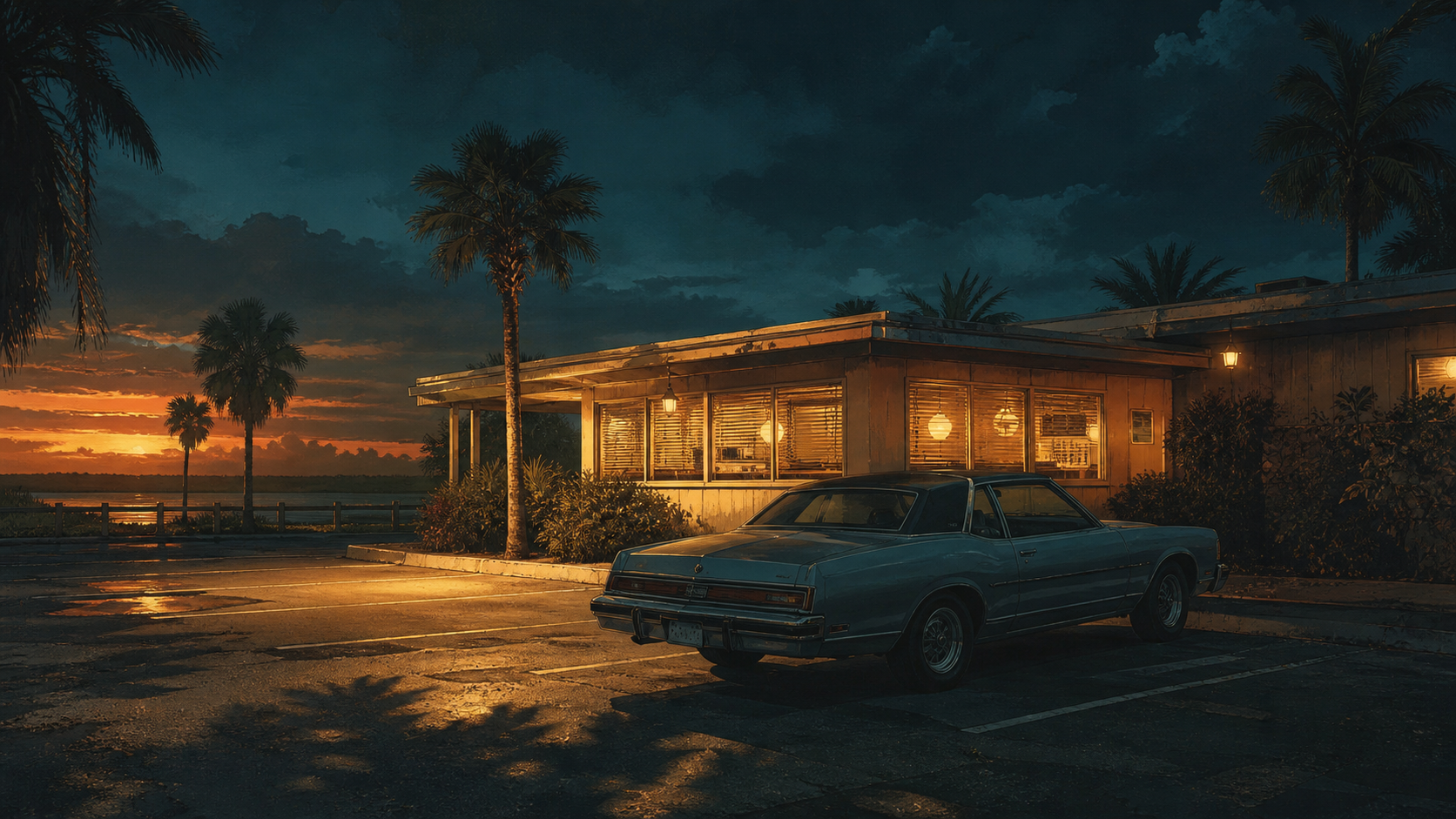 Second generated editorial key art for the GTA VI campaign-length story: a lonely car at a warmly lit roadside lot at night, evoking the end of a very long playthrough.