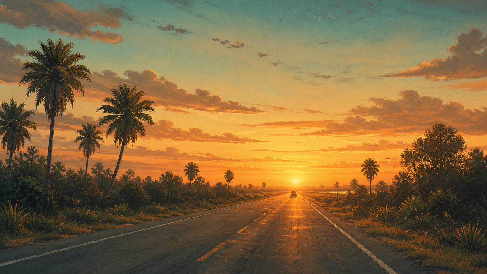 Generated editorial key art conveying the scope and length of a GTA VI playthrough: a vast open road running toward the horizon.
