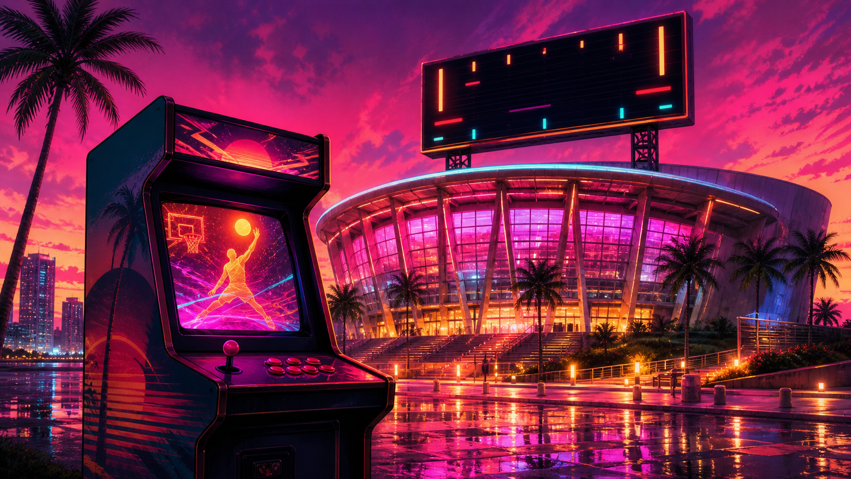 Next Vice editorial key art for the NBA 2K27 teasing a GTA 6-themed crossover with Rockstar: a neon basketball arena at dusk with a retro arcade cabinet and palm trees, no readable text.