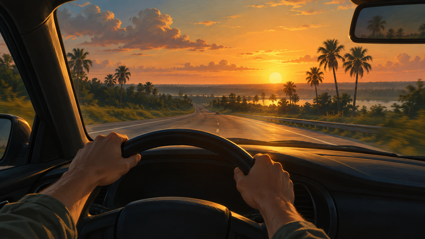 Next Vice editorial illustration of a golden-hour drive through Leonida countryside, tied to Rockstar's account of researching a location before building it.
