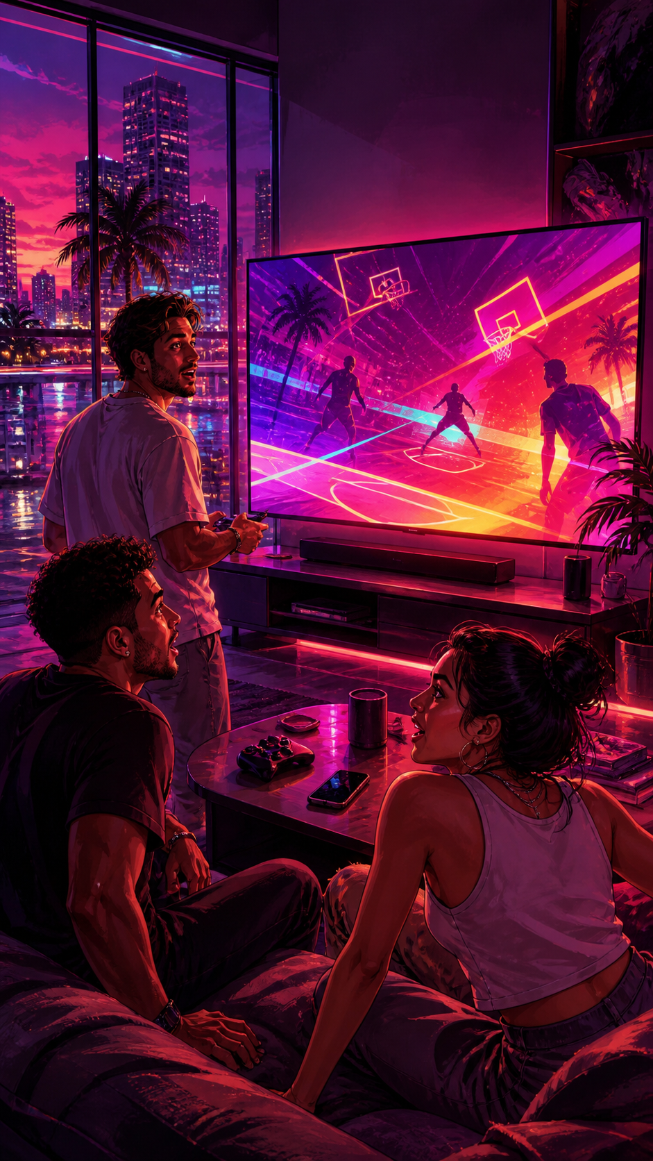 Grounded video scene 0 for nba-2k27-gta-6-crossover-tease (NBA 2K27's Season 1 trailer features a purple poster resembling GTA 6's first ar)