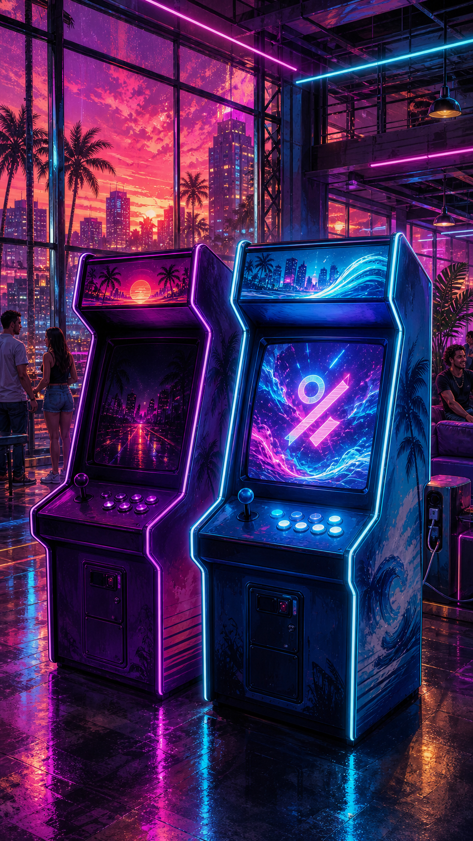Grounded video scene 1 for nba-2k27-gta-6-crossover-tease (A paired arcade setup hints at a 2K and Rockstar crossover.)