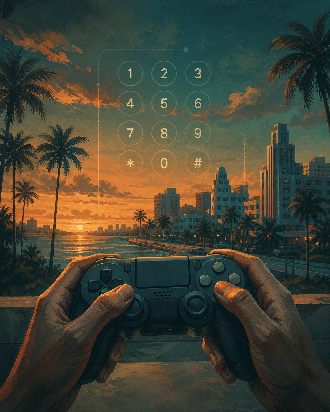 Distinct editorial key-art for the how-to-use-cheat-codes-in-gta-vi cheat-code reference page.
