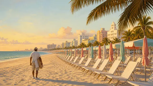 Next Vice editorial key art for the Miami Beach advertising rollout story. A beach worker carries folded chairs past rows of empty loungers and closed umbrellas at golden hour. Not official Rockstar art.