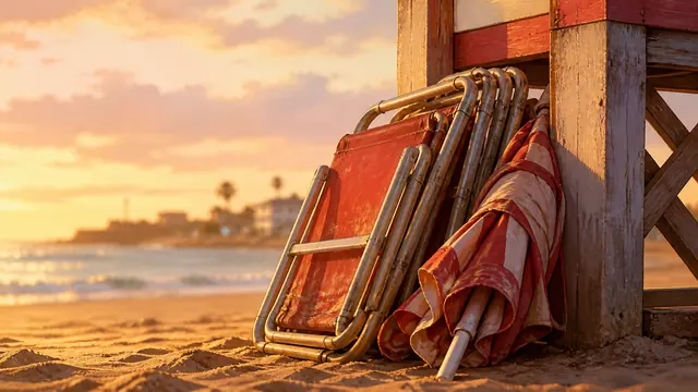GTA VI Miami Beach ads key art: stacked chairs and folded parasol