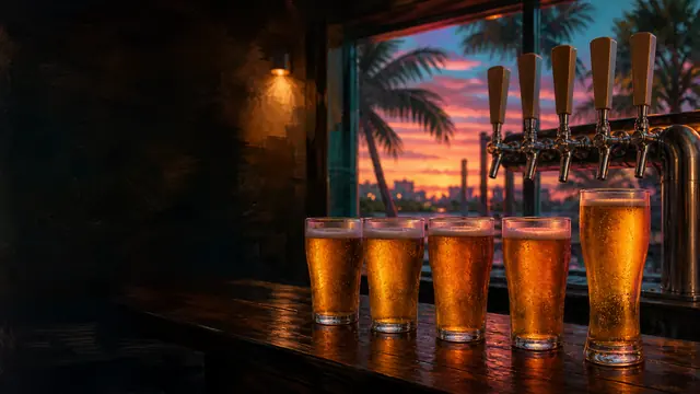 Editorial key art by Next Vice: a South Florida taproom counter at dusk, used for coverage of GTA VI-branded beer label filings. Generated editorial illustration, not official Rockstar art.
