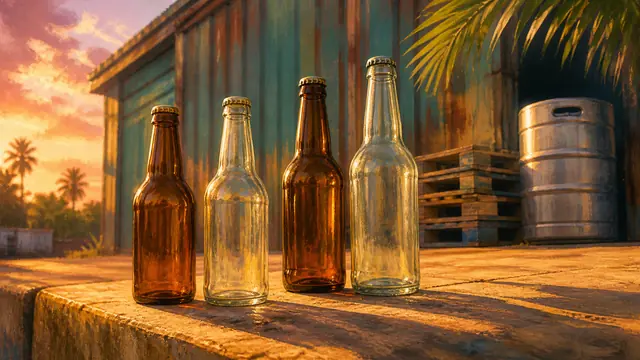 GTA VI beer label story inline: unbranded bottles at a Florida brewery dock