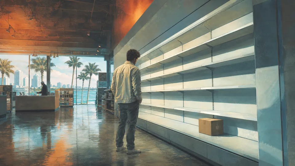 Editorial key art for Next Vice coverage of PS5 hardware demand ahead of the GTA VI launch: a shopper facing cleared shelves in a coastal electronics store.