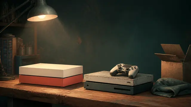 GTA VI console trade-in key art: two consoles on a workshop bench