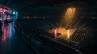 An empty basketball arena at night, one end of the court raked by warm practice light, illustrating the venue behind the Miami Heat's A Night in Vice City event ahead of the GTA VI launch.