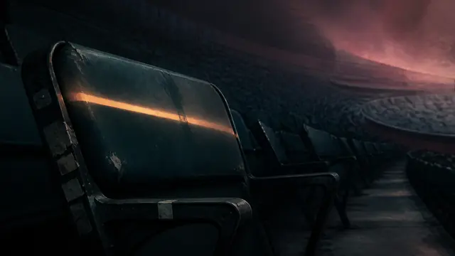 A worn empty seat in a darkened basketball arena bowl, showing how much of an NBA venue sits unused outside a game, in the run-up to the Miami Heat's Vice City night.