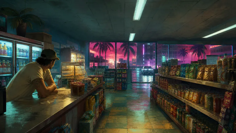 Editorial key art of a small late-night convenience store interior, illustrating Rockstar's description of hundreds of explorable interiors in GTA VI.
