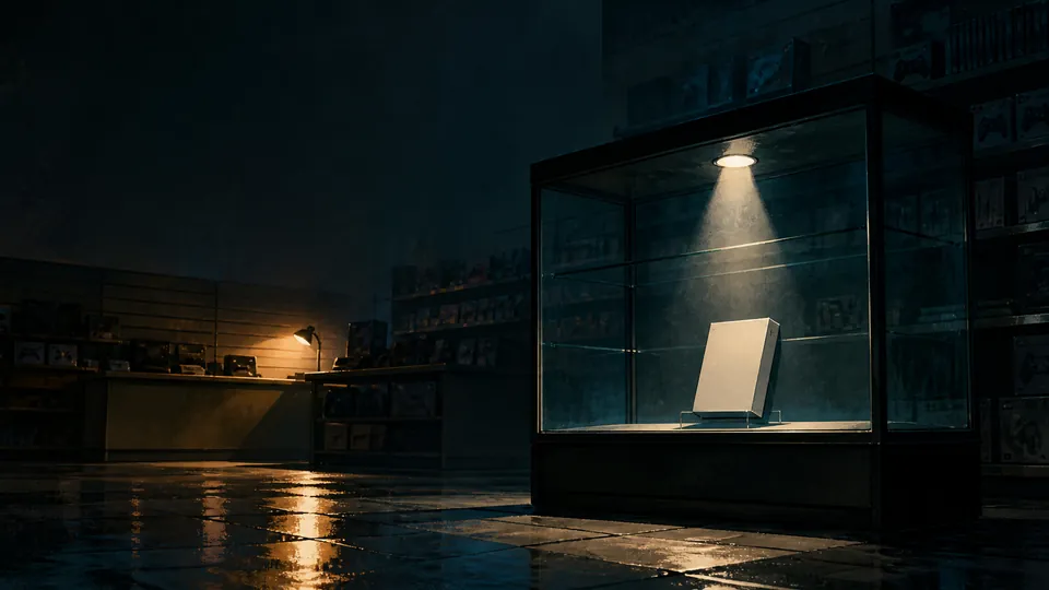 Next Vice editorial key art: a lone blank game case under a display spotlight in a closed electronics store, used for coverage of Japan's CERO Z rating for GTA VI. Generated editorial illustration, not official Rockstar art.