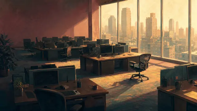 Semi-illustrated editorial key art of an emptied open-plan office at mid-morning. Next Vice original illustration, not official game imagery.