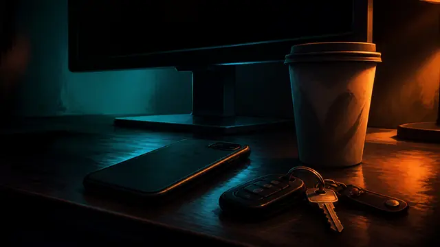 Editorial key art: abandoned desk with phone and coffee