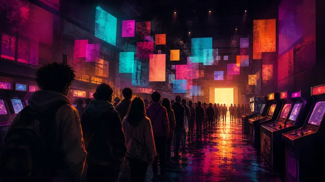 A crowd funnels toward one destination while the alternatives sit empty. Editorial key art for Next Vice coverage of launch-window competition around GTA VI.