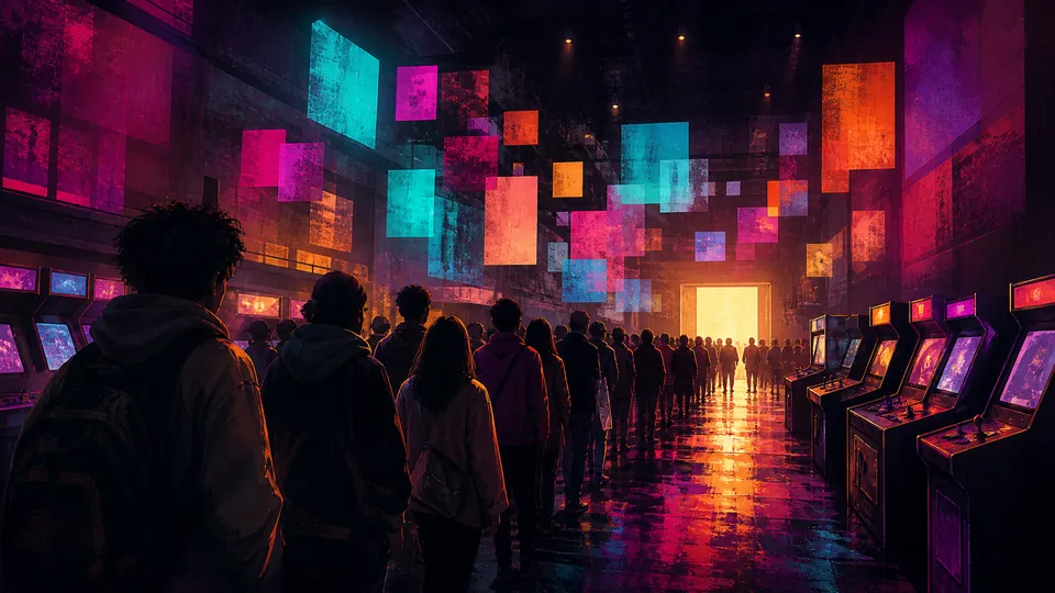 A crowd funnels toward one destination while the alternatives sit empty. Editorial key art for Next Vice coverage of launch-window competition around GTA VI.