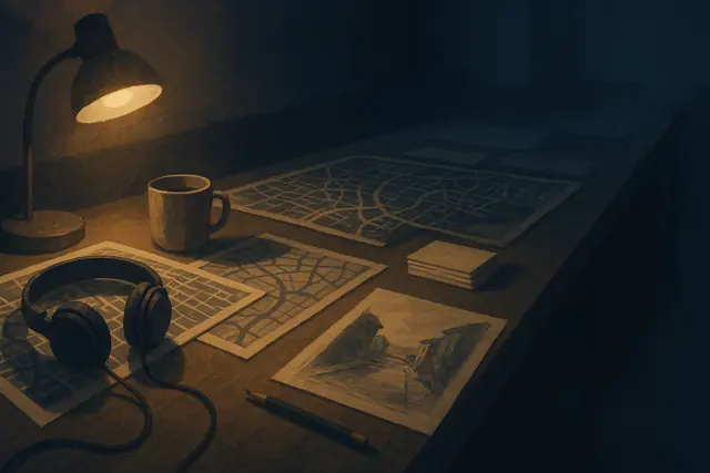 GTA VI making-of inline art: late-night developer workbench