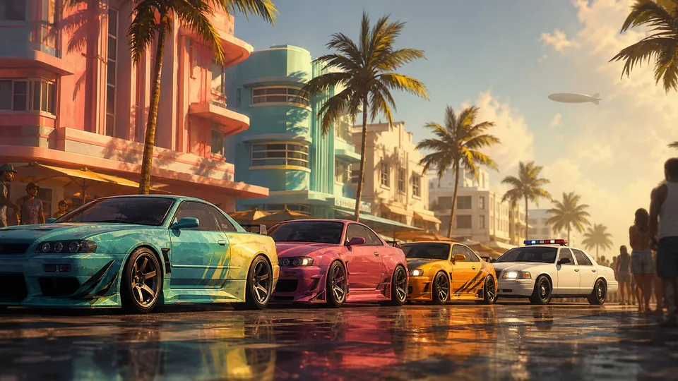 Editorial illustration: a convoy of customized sports cars and a police cruiser with blank door panels on a pastel Miami avenue with palms and art deco hotels.