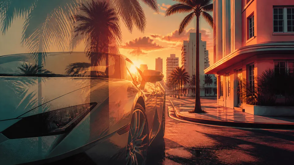 GTA VI Miami car convoy inline art: single sports car with palm shadows on a downtown street