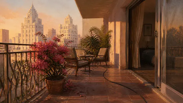 GTA VI offline play inline key art: a Florida balcony at first light with a cable running inside