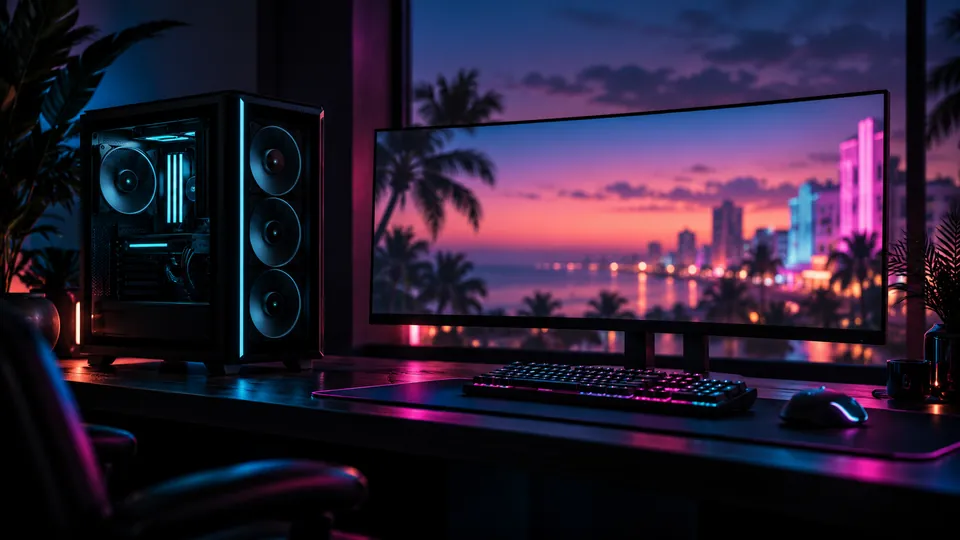 Editorial key art for Next Vice coverage of the reported GTA VI PC release window. Dark desktop gaming setup with neon accent lighting.