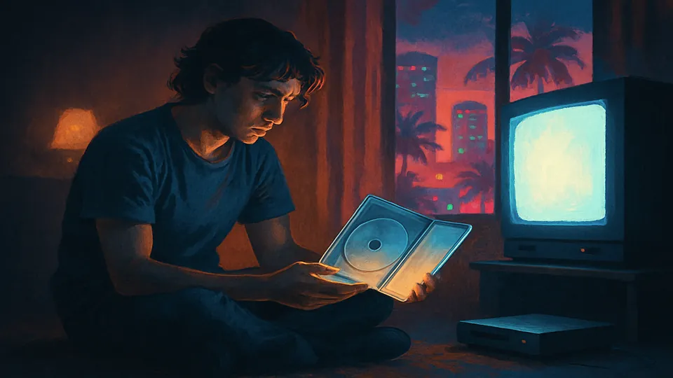 Editorial key art: a game buyer holding an open plastic game case in a dim apartment, with a sunlit Leonida-style city behind the window. Next Vice editorial illustration, not official Rockstar art.
