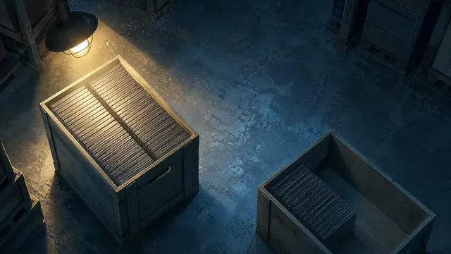 GTA VI preorder volume inline key art: uneven shipping crates under a warehouse lamp
