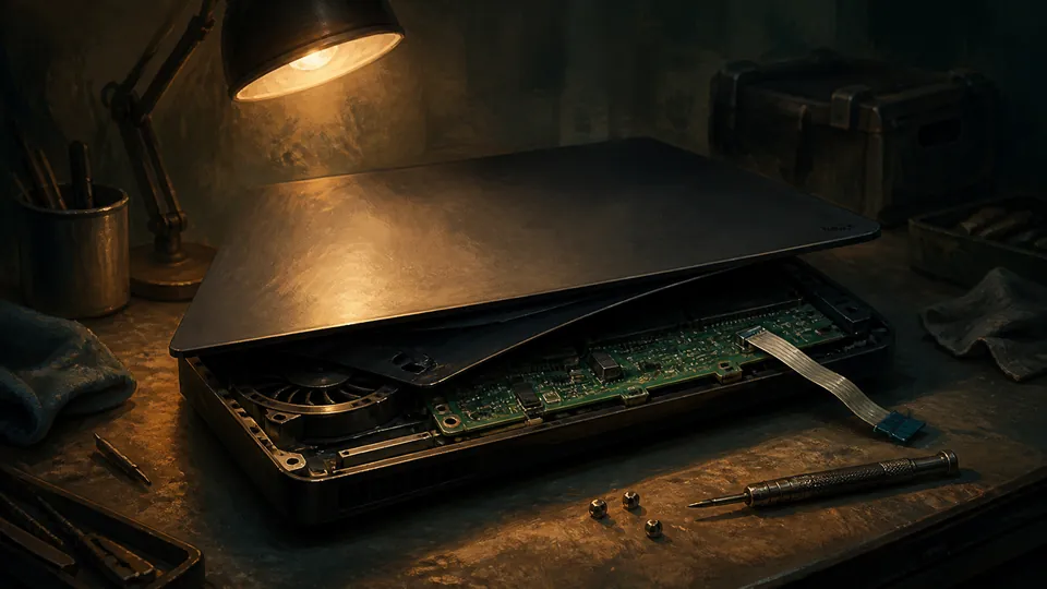 Editorial illustration: a current-generation console opened for inspection, standing in for the PS5 firmware exploit reported ahead of GTA VI.