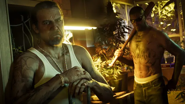 Two figures lit by grow lights in an official Rockstar GTA VI gallery still filed under Port Gellhorn. The image is official Rockstar media used for editorial coverage; it is not a radio or mission reveal.