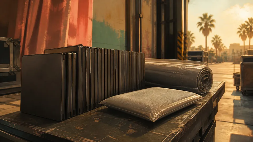 Editorial key art of a row of plain sealed disc cases on a studio staging bench, illustrating the review copy window before GTA VI's November 19 launch.