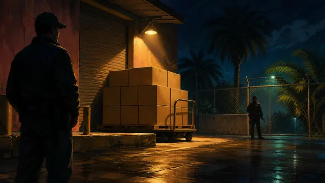 GTA VI review timing inline key art: sealed cartons at a guarded loading dock