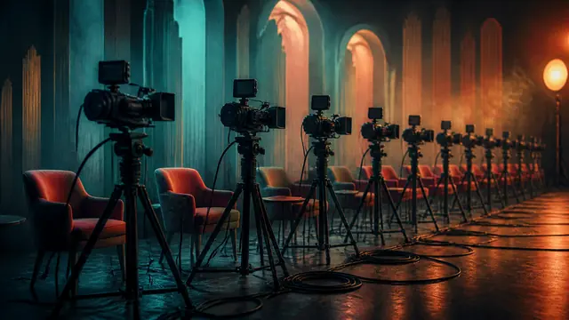 Generated editorial illustration of streamer camera rigs, used inline in a Next Vice report on sponsored GTA VI playthrough advertising. Not official Rockstar art.