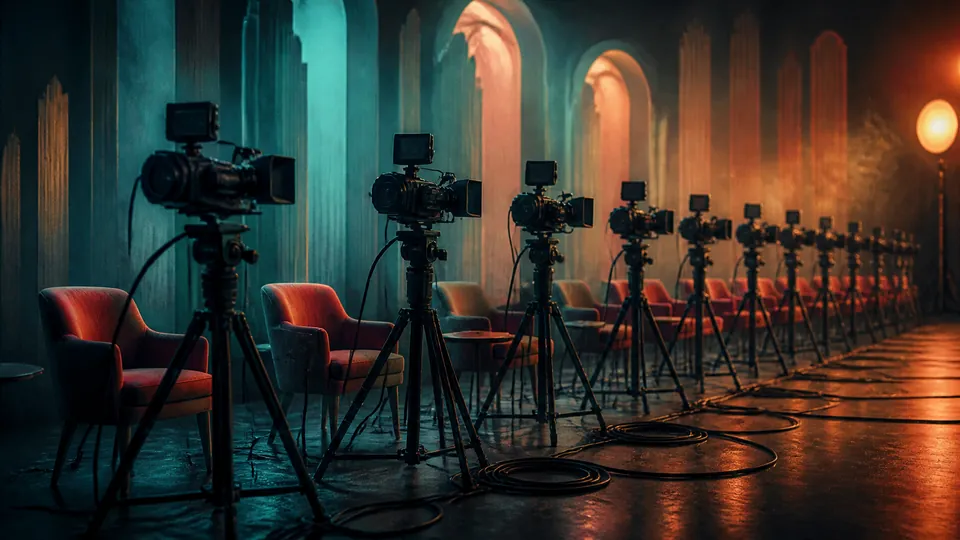 Editorial key art: row of streaming camera rigs for GTA VI sponsored playthrough report (ine-20261024060416)