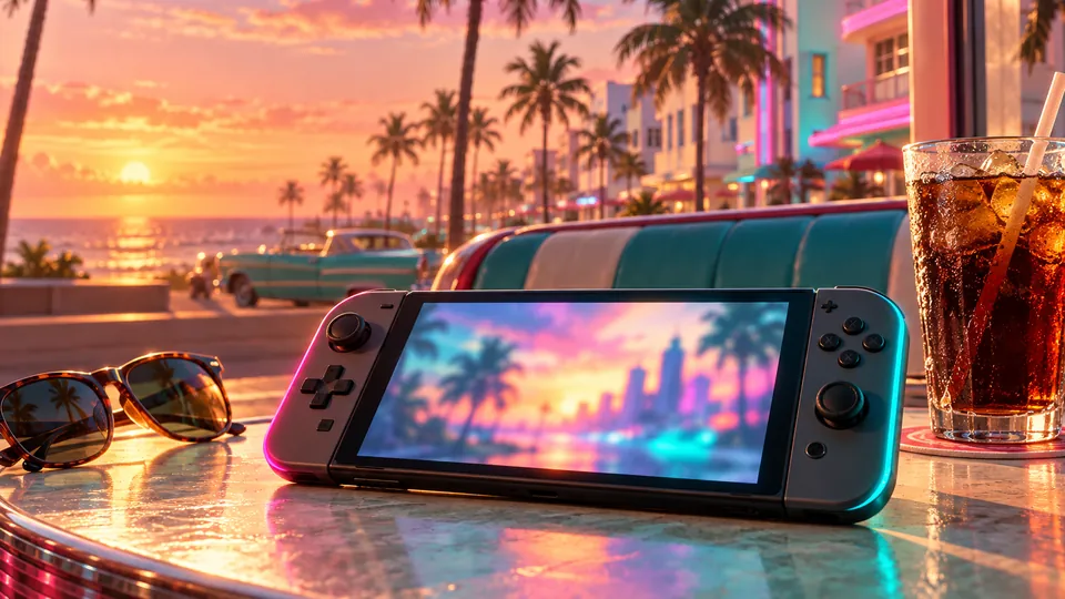 A handheld console on a sun-bleached Vice City diner table, the platform question Nintendo left open. Next Vice generated editorial key art, not official Rockstar or Nintendo artwork.