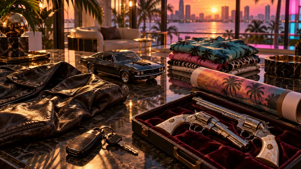 Next Vice editorial key art for the GTA VI Ultimate Edition contents guide: a collector spread of a vintage key fob, leather jacket, model car, and presentation-case revolver under art deco light. Generated editorial illustration, not official Rockstar art.