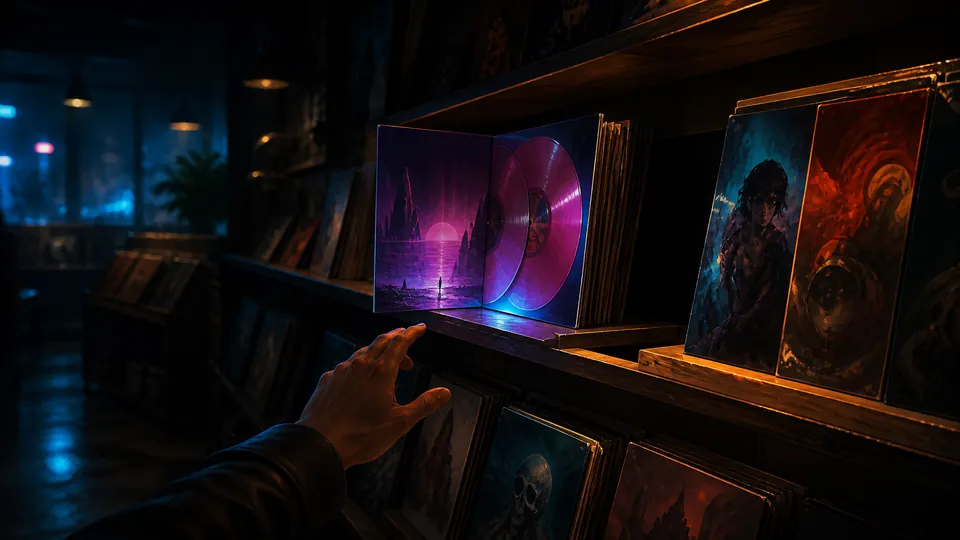 A record-shop shelf in low light, one gatefold sleeve removed and a hand reaching into the gap, for coverage of the sold-out GTA VI limited-edition vinyl.