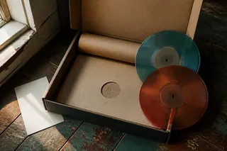An open plain record mailer box on a floor with two translucent colored discs at the edge, illustrating the physical shipping timeline for GTA VI: The Album.