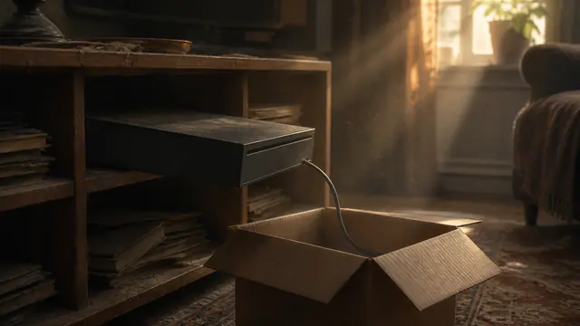 Editorial illustration: a dormant console leaving a shelf, the scene behind Microsoft's trade-in emails ahead of GTA VI.