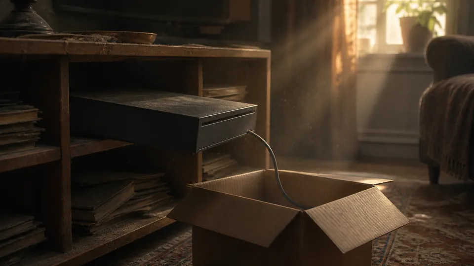 Editorial illustration: a dormant console leaving a shelf, the scene behind Microsoft's trade-in emails ahead of GTA VI.