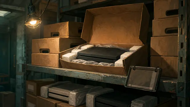 GTA VI Xbox trade-in inline key art: refurbished consoles boxed on a retail backroom shelf