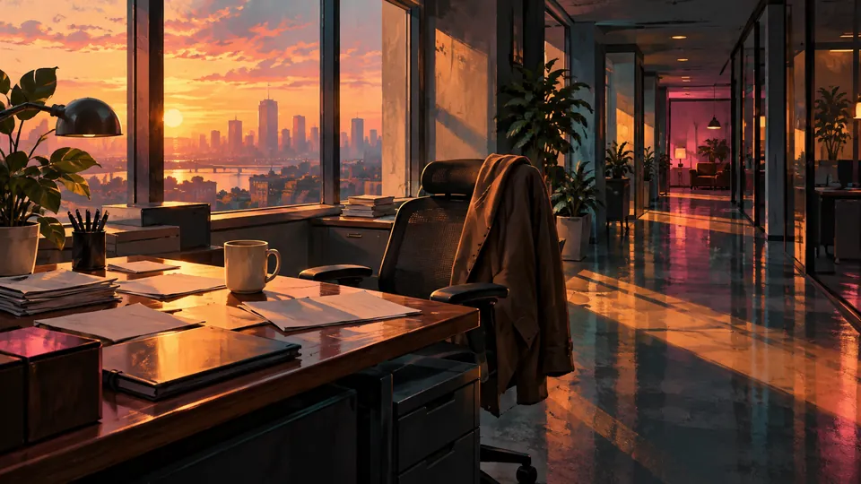 Semi-illustrated editorial key art of an after-hours office, used for coverage of the Australian Fair Work Ombudsman launch-day leave guidance.