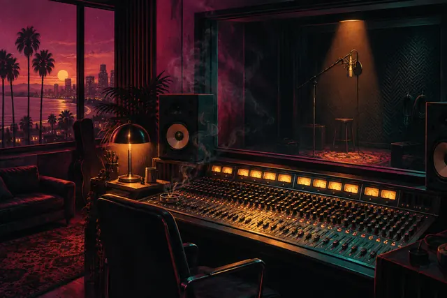 GTA VI soundtrack artist tease editorial key art - recording studio control room