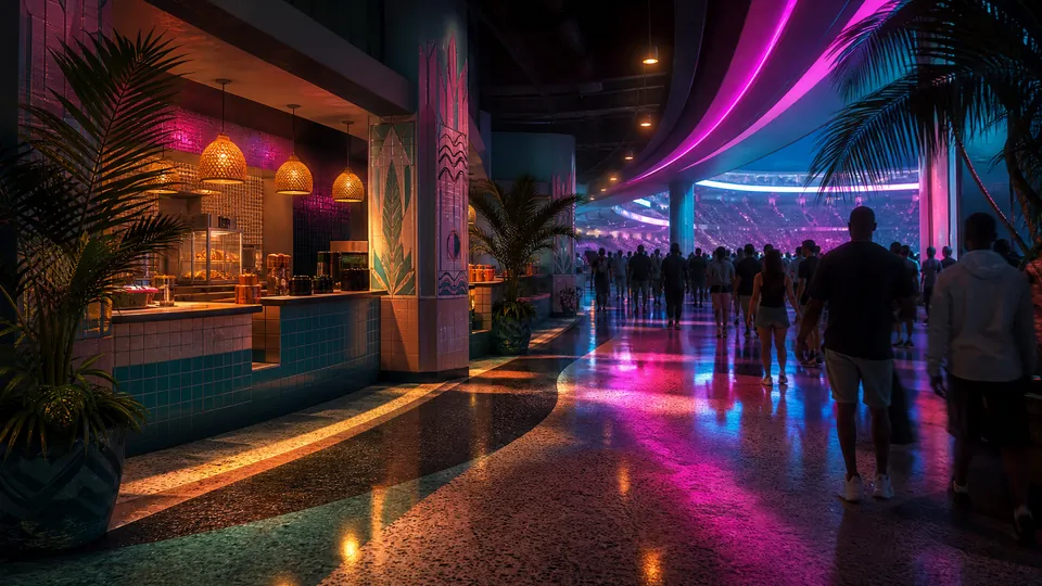 Next Vice editorial key art: a neon-lit arena concourse and concession counter at night in Miami, illustrating the GTA VI launch campaign inside Kaseya Center. Generated editorial art, not an official Rockstar or Miami Heat image.