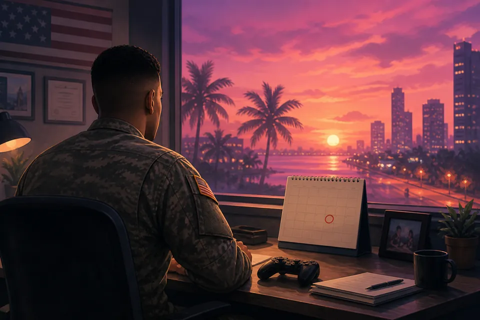 Editorial illustration for a reported GTA VI launch-related reenlistment incentive.