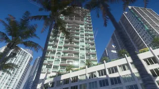 Official trailer still showing modern Vice City high-rises and palm trees, reinforcing the confirmed setting behind the launch runway.