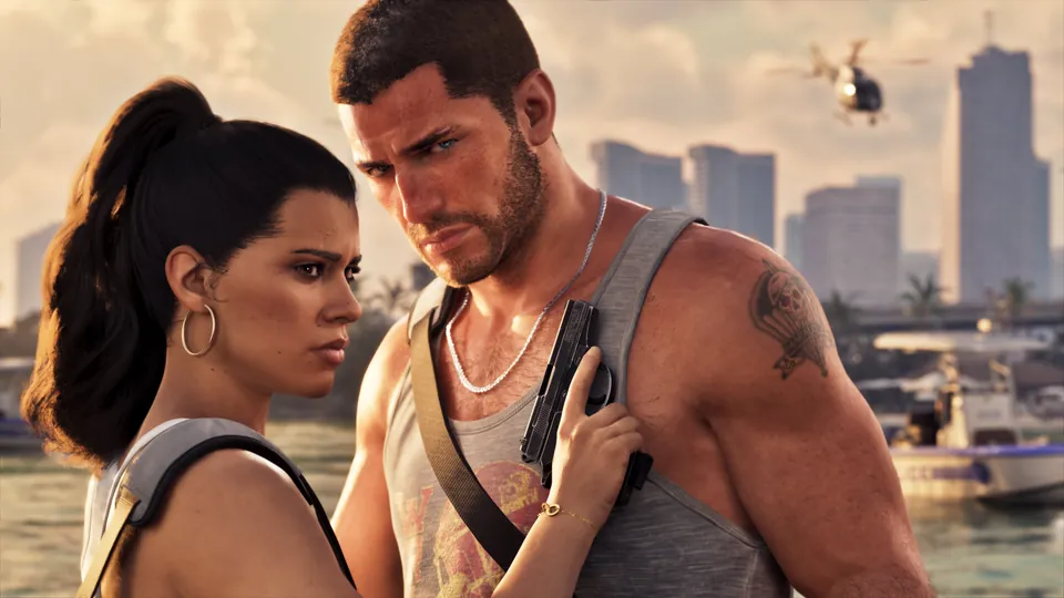 Jason and Lucia stand together in front of a coastal city skyline, one holding a handgun, in an official Grand Theft Auto VI screenshot released through Rockstar's media gallery.