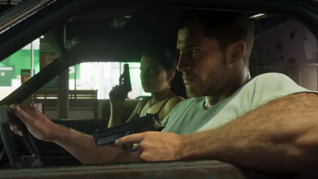 Official GTA VI still: Jason and Lucia armed in a car at night