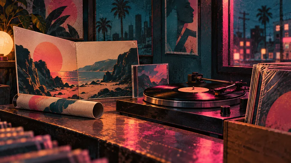 Next Vice editorial key art: a record-shop listening counter with vinyl, a CD jewel case and a rolled poster tube, standing in for GTA VI: The Album's physical retail editions.