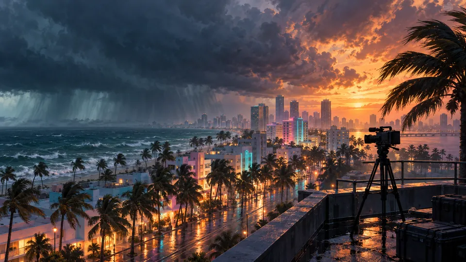 Next Vice editorial key art: a Leonida-style coastal city under a breaking tropical storm, framed as coverage of Game Informer's GTA VI cover story.